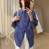 American Style Relaxed Loose Blue Plaid Shirt for Women, Spring/Autumn Casual Versatile Vintage Long-Sleeve Shirt Layered Top