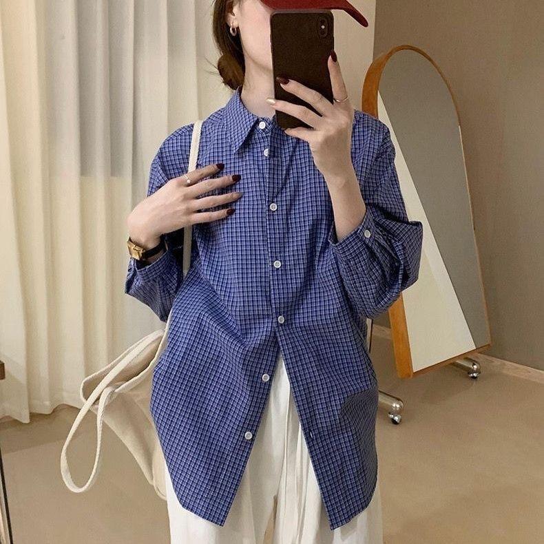 American Style Relaxed Loose Blue Plaid Shirt for Women, Spring/Autumn Casual Versatile Vintage Long-Sleeve Shirt Layered Top