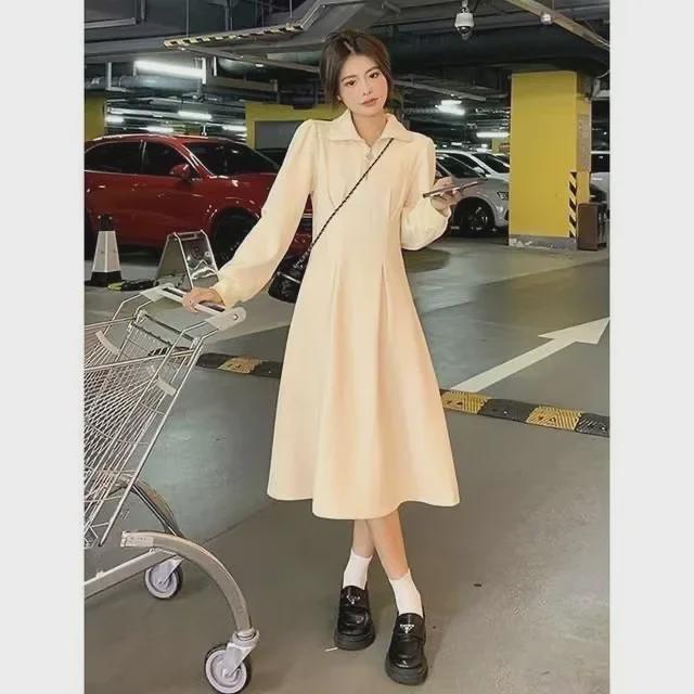 Dámské nadměrné pletené šaty na zip v korejském stylu - Hrubý samet, Jednobarevné, Ležérní podzimní/zimní dlouhá sukně