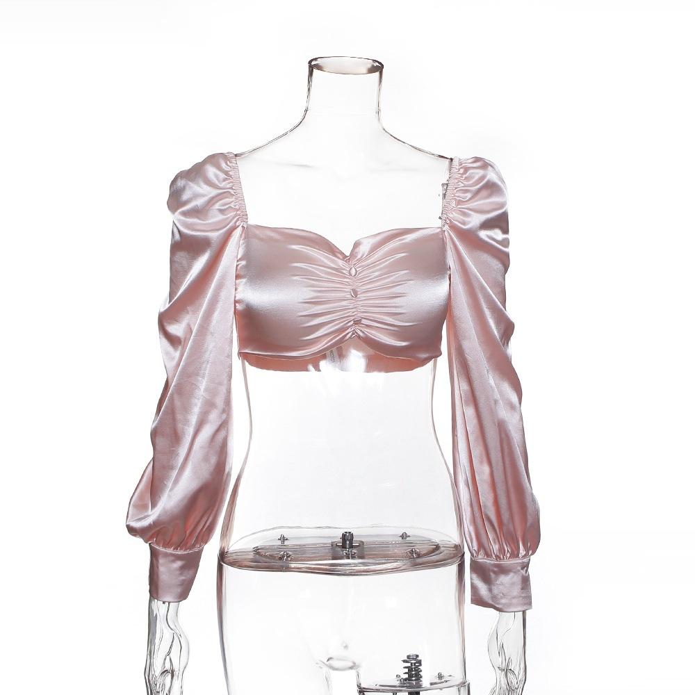 Vintage Puff Long Sleeve Blouse Shirt Crop Top Women Faux Silk Satin Square Neck Button Tops and Blouses