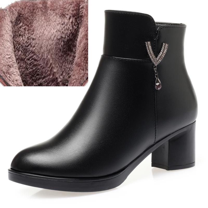 Frauen Stiefel Winter Mode Anti-Rutsch Frauen Stiefeletten Mid Heel Natürliche Wolle Echtes Leder Schnee Stiefel Damen