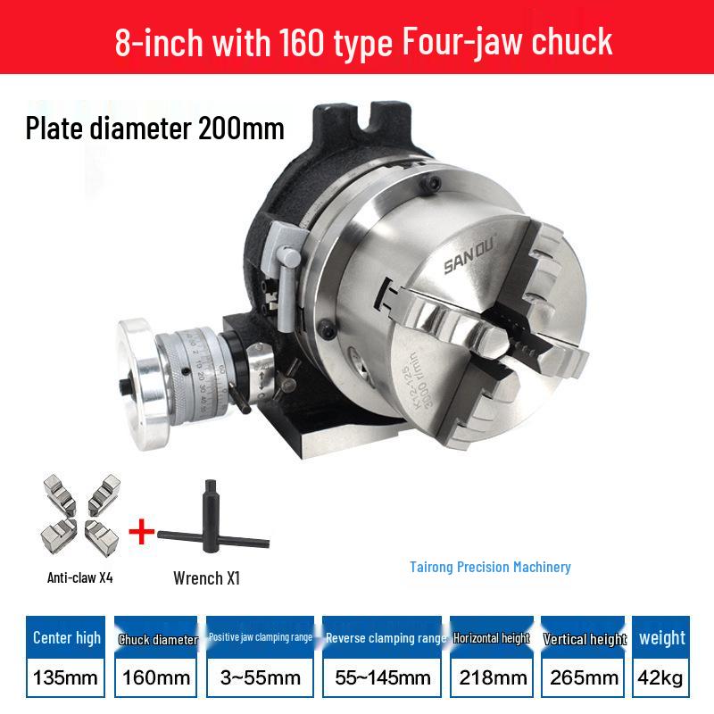 HV8 Rotary Table with Four-Jaw Chuck, Universal Vertical/Horizontal Milling Machine Indexing Head