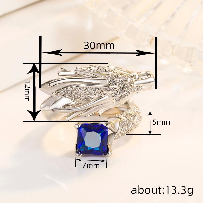 Heavy Industry Open Ring, Oriental Dragon Domineering Ring, Shiny Square Diamond Inlaid Jewelry