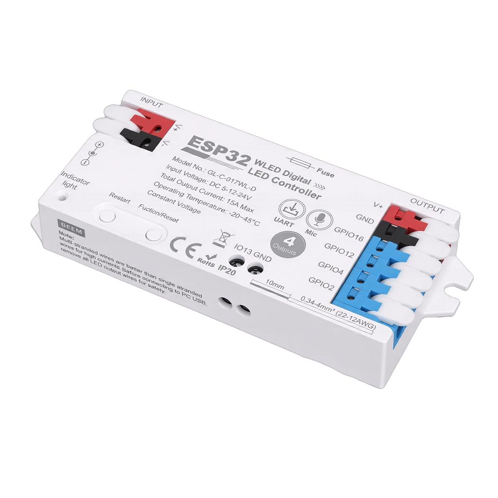 Digitaler LED-Streifen-Controller mit Mikrofon 15A Sicherung Typ C UART Download-Port Bis zu 800 LED-Perlen anschließbar 4-Kanal-Ausgang