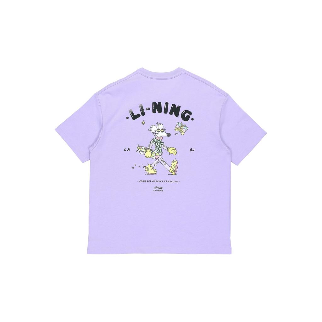 Li Ning X Steven Harrington Collaboration Cartoon Print Loose Fit Crew Neck T-Shirt Men Tops Purple AHSR937-4