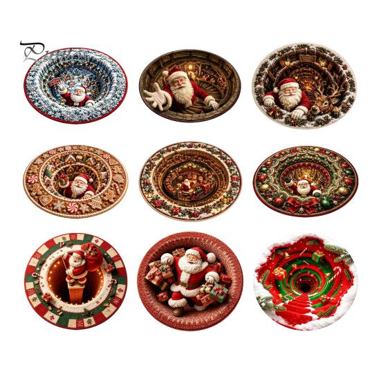 Winter Welcome Mat 3D Christmas Round Rug, Optical Illusion Area Santa Claus Deep Hole Festive Indoor Floor Prints, Non-slip Rug for Entrance