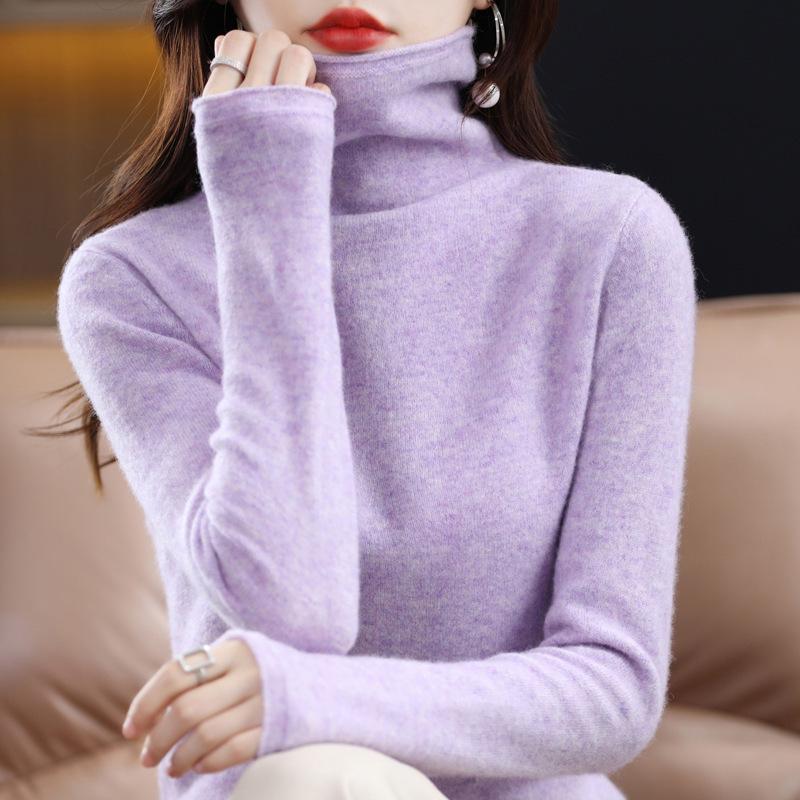 Women's High Neck Wool Sweater - 100% Pure Wool, Rolled Edge for Autumn/Winter - Versatile Cashmere Base Layer Knitwear.