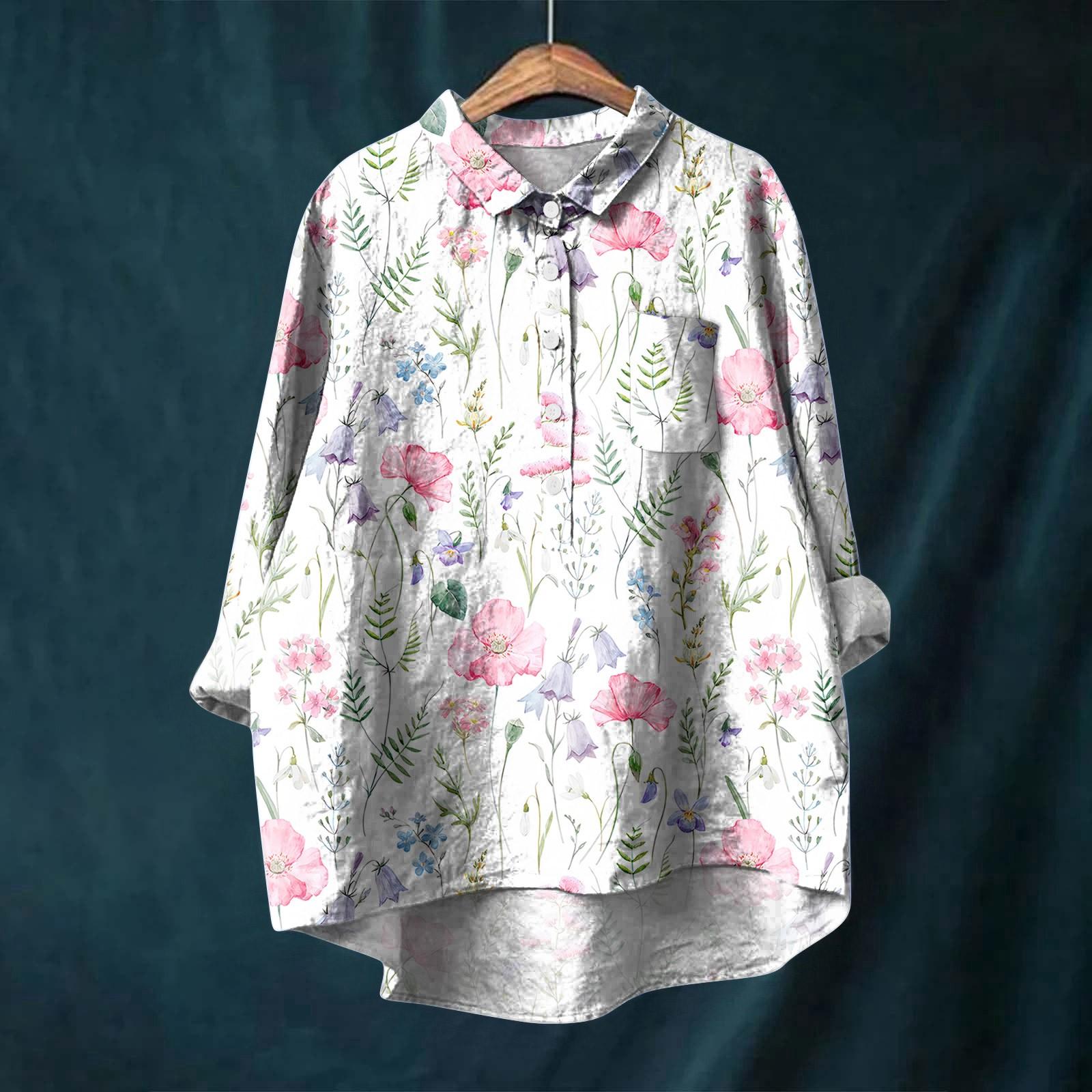 

Женская рубашка с длинным рукавом, на пуговицах, винтажный цветочный принт, повседневный подол, неровный, рубашечный воротник, топ XL белый