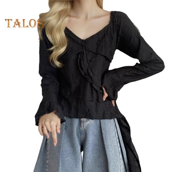 

Женские топы с V-образным вырезом, расклешенные, с длинным рукавом, облегающие футболки, однотонные топы с оборками и неровным подолом, дизайн футболки M чёрный