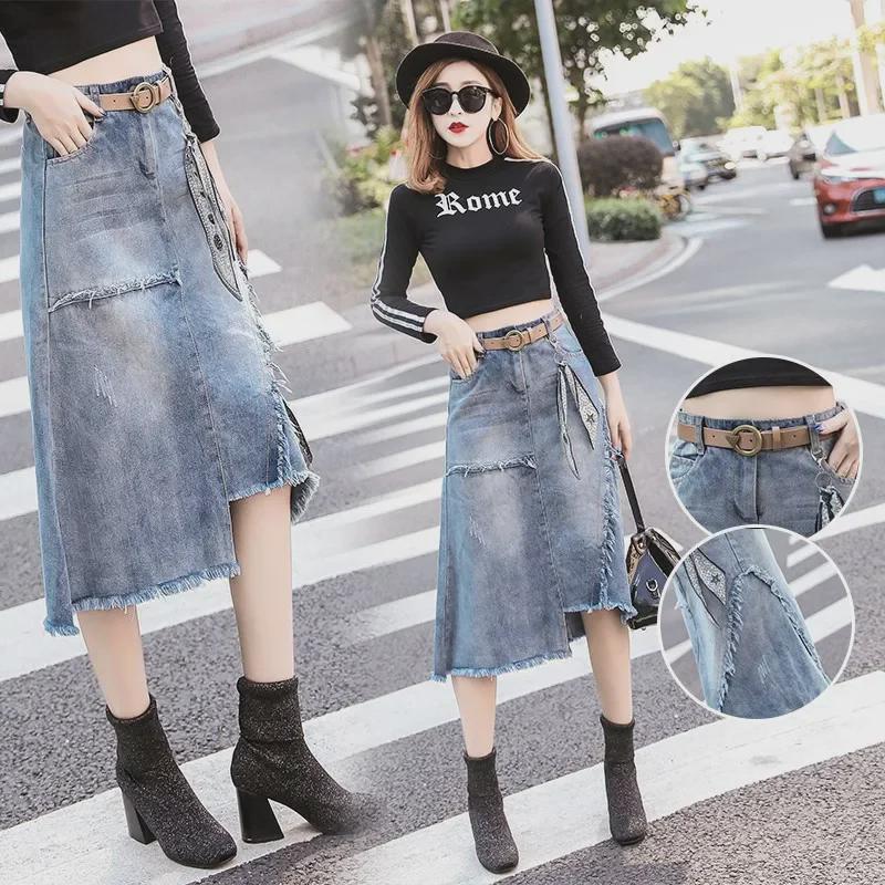 Evropská a americká nadměrná velikost nepravidelná džínová midi sukně s vysokým pasem - Letní ležérní bodycon styl