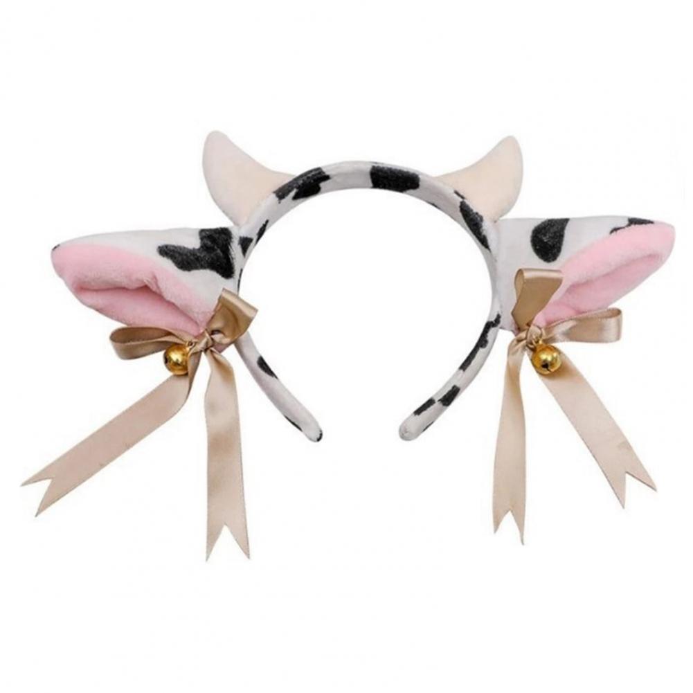 Women Hairband Milk Cow Ear Headband with Bowknot Ribbon Bell Decor Bendable Handmade Lightweight Headgear Costume Accessory