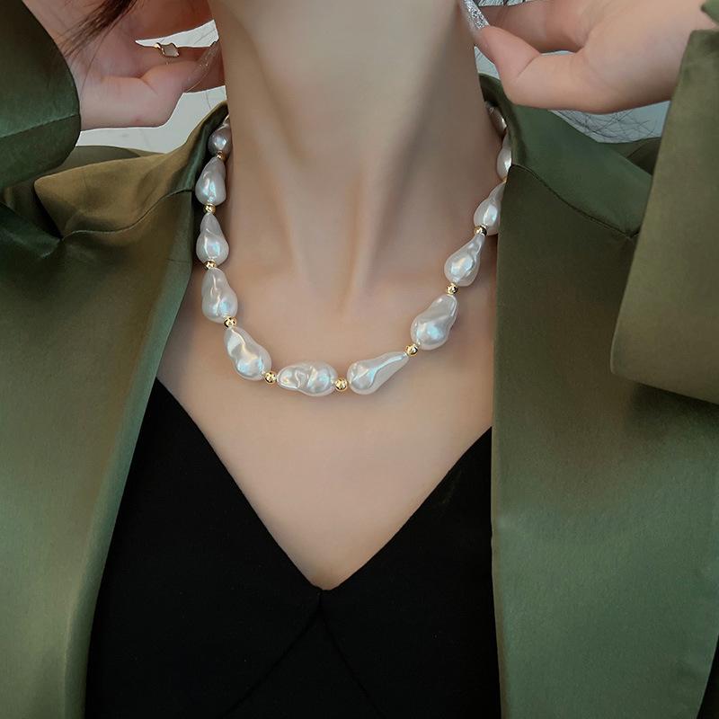 French Vintage Irregular Baroque Imitation Pearl Necklace Female Tide OT Buckle Neck Chain Personalized Clavicle Chain