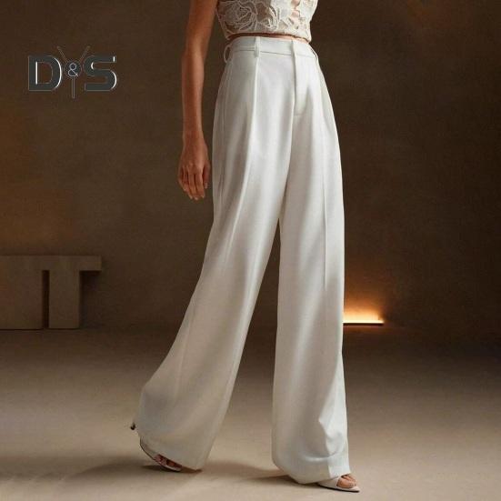 Women Pants High Waist Button Zipper Closure Straight Wide Leg Long Trousers with Pockets Solid Color Commuting Style Pants