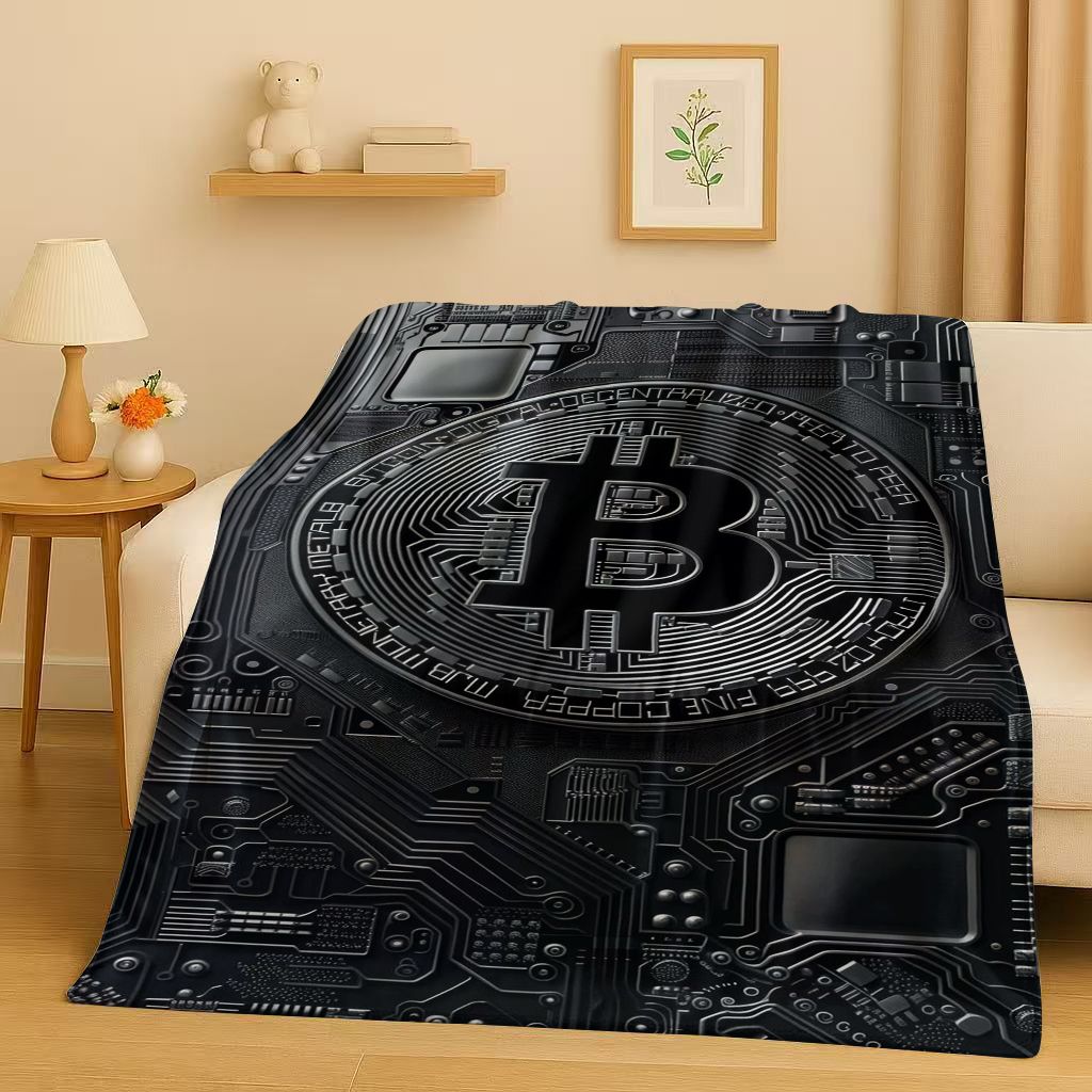 3D Rich BTC Bitcoin Circuit Board Art Cartoon Flannel Blanket,Ultra Soft Warm Plush Throw for Home Bedroom Bed Sofa Cover Kids