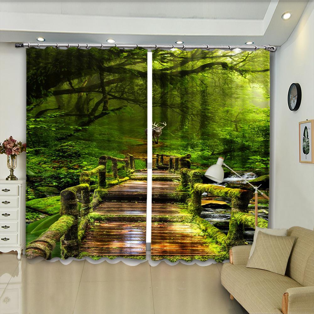 Zelená přírodní scenérie Realistický 3D tisk tenký okenní závěs do obývacího pokoje Scénické stínící závěsy do ložnice s háčkem