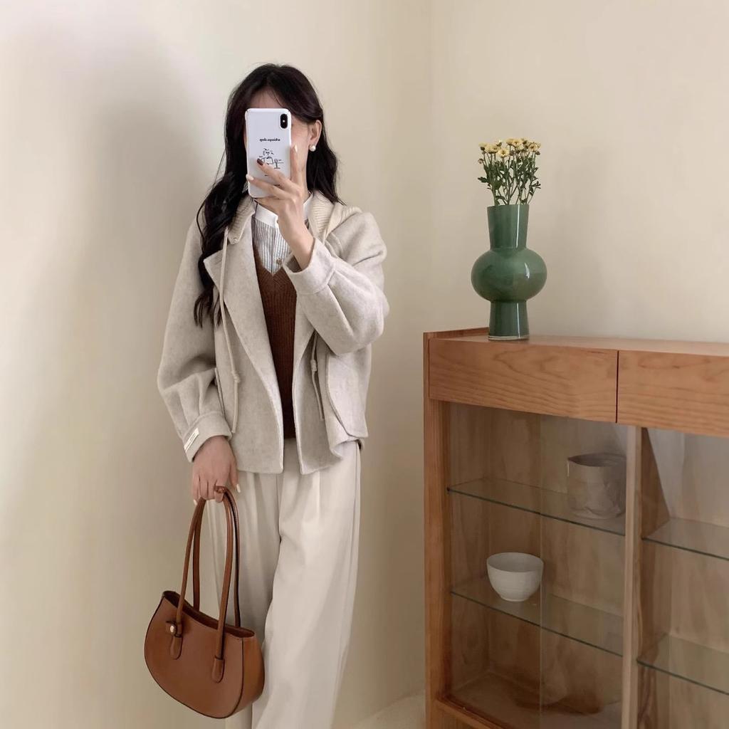 Autumn and Winter New Korean Style Double-sided Cashmere Coat Women's Age-reducing Knitted Hooded Jacket Short Top