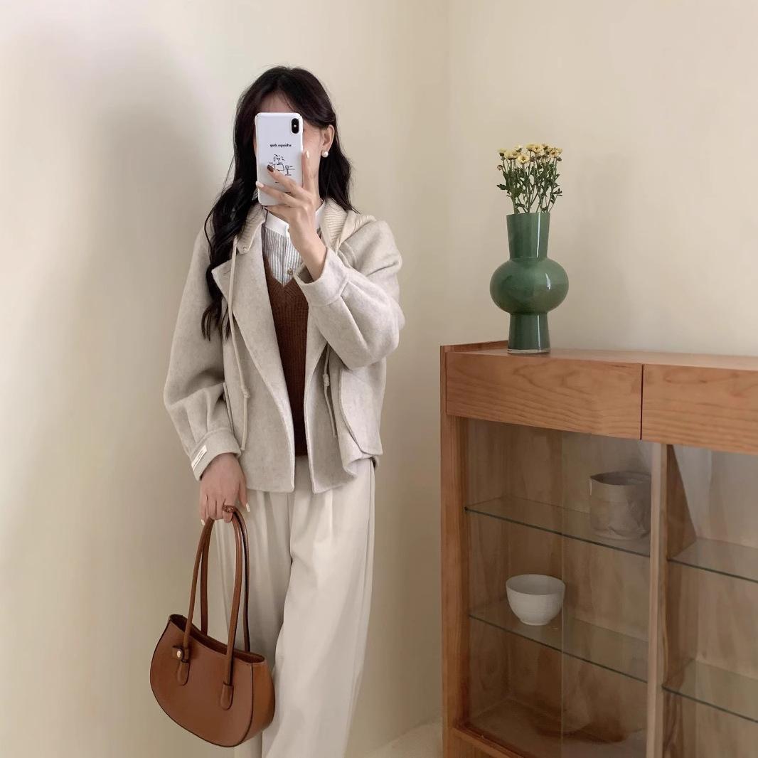 

Осень и зима Новое корейское двухстороннее кашемировое пальто Женское трикотажное пальто с капюшоном для омоложения Короткий топ M