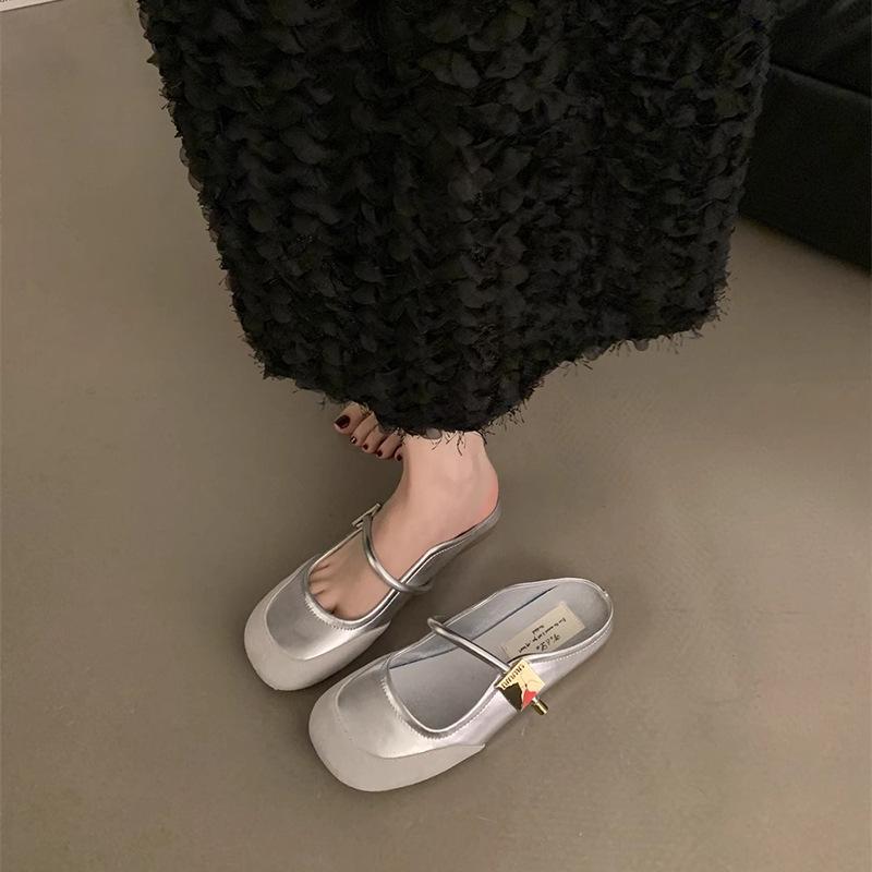 Xiaoxiangfeng Mary Jane Silver Single Shoes New Chinese French Sandals Women's Shoes Spring and Summer Flat-bottomed Bag Head and Half Slippers