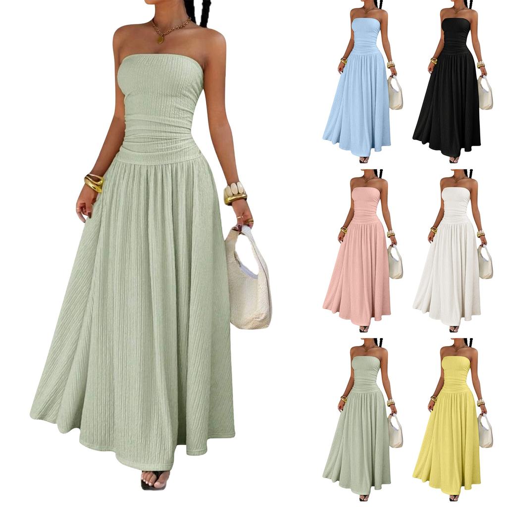 Women Sleeveless Strapless Tube Top Maxi Dress Casual Fitted Elegant Ruched Bodice Flowy Long Dress for Summer Party Vacation