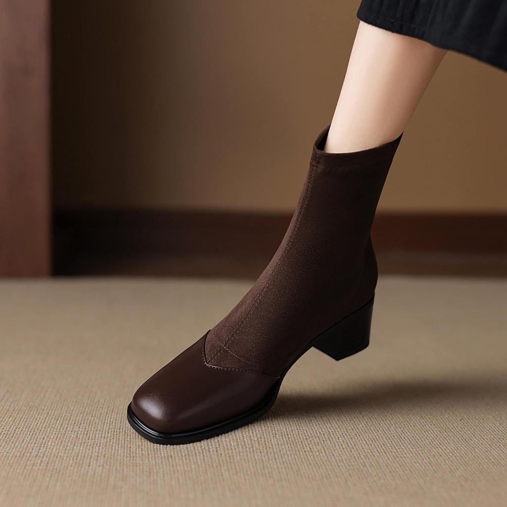 Krazing Pot Microfiber Flock Round Toe Med Heels Elastic Boots Size 43 Slip On Women Patch Work Ankle Boots