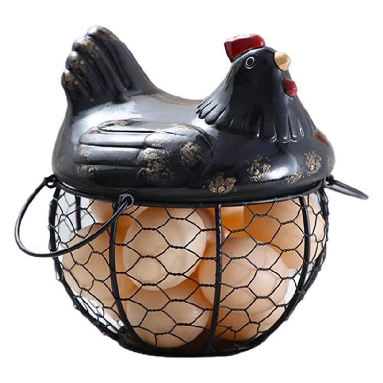 

Farm Iron Egg Storage Basket Snack Fruit Basket Collection Ceramic Hen Decor