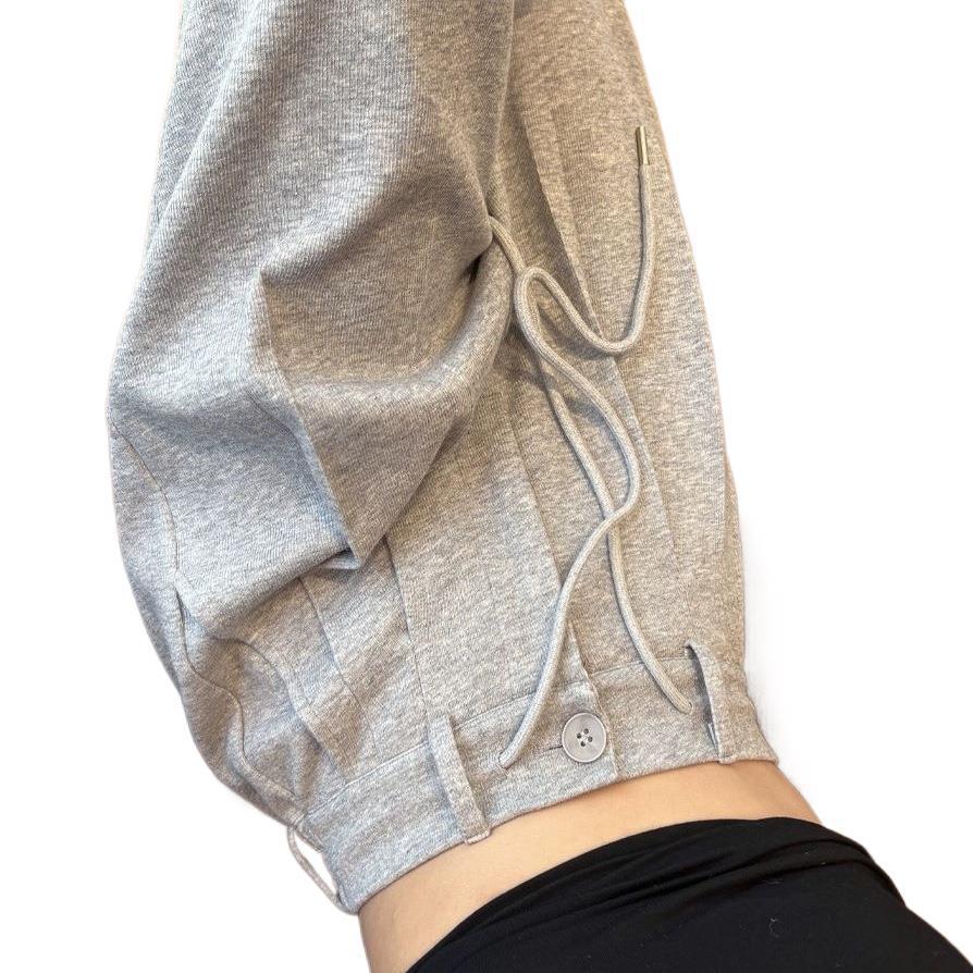 Women's High-Waist Gray Sweatpants - Summer Wide-Leg Floor-Length, Casual Loose American Style with Drawstring.