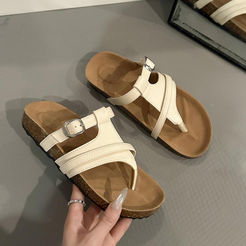 

Fashion retro design sense girls toe cool slippers outside wearing flip-flops summer new one-word Roman sandals 40 бежевый