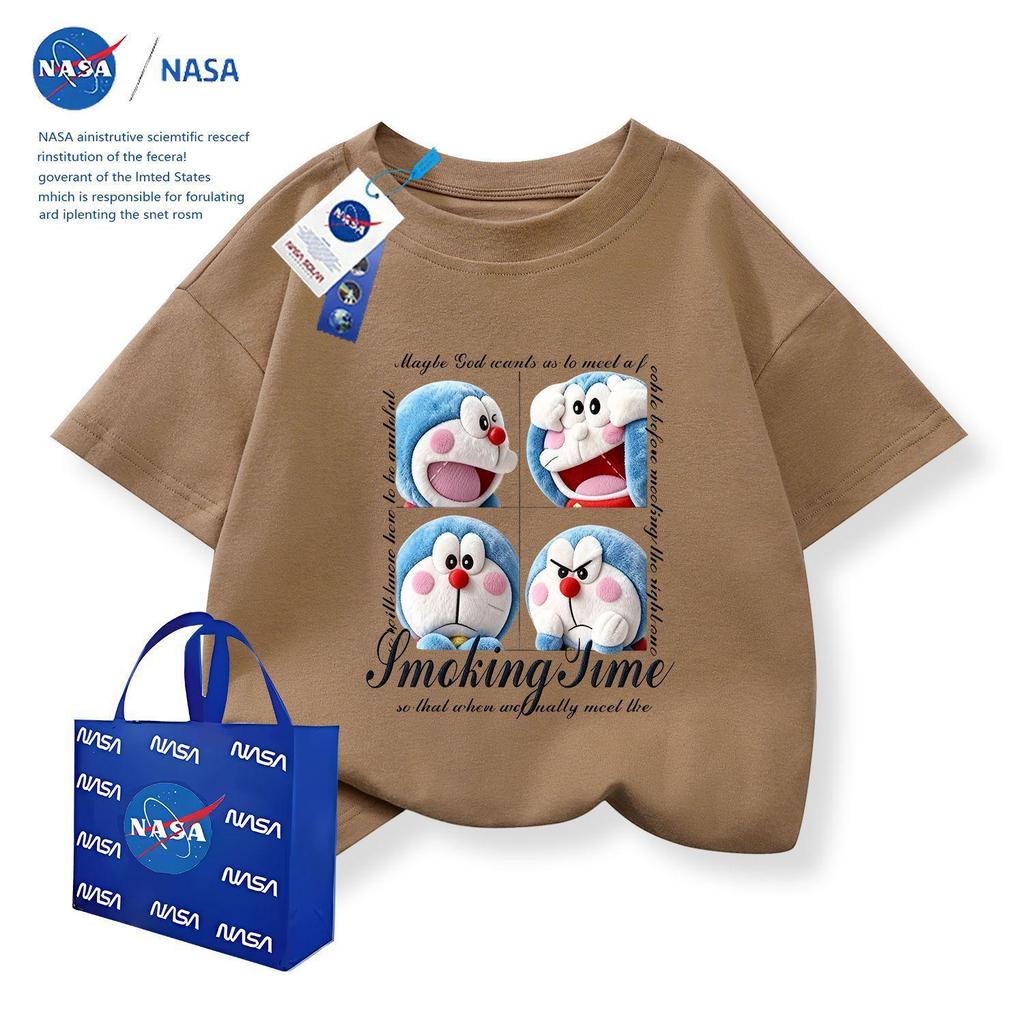 NASA x Doraemon Kinder-Baumwoll-T-Shirt mit Rundhalsausschnitt und Stickerei, Kurzarm