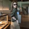 Samtgrünes gestreiftes Langarm-Rundhals-Oberteil im koreanischen Retro-Farbblock-Stil für Damen
