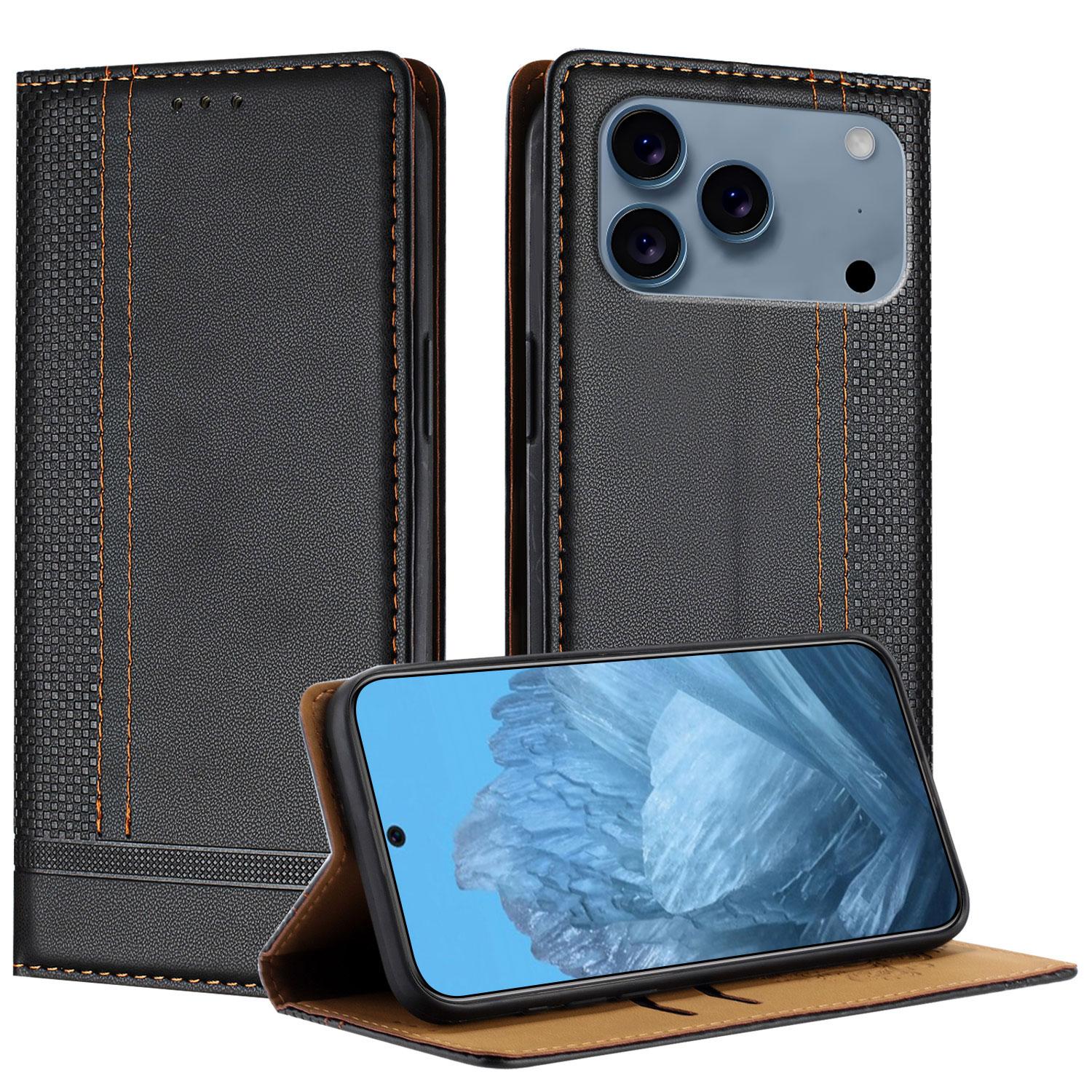 

For iPhone 17 Pro Max Case L-Shaped Grid Pattern Leather Stand Phone Cover with Card Slots Black