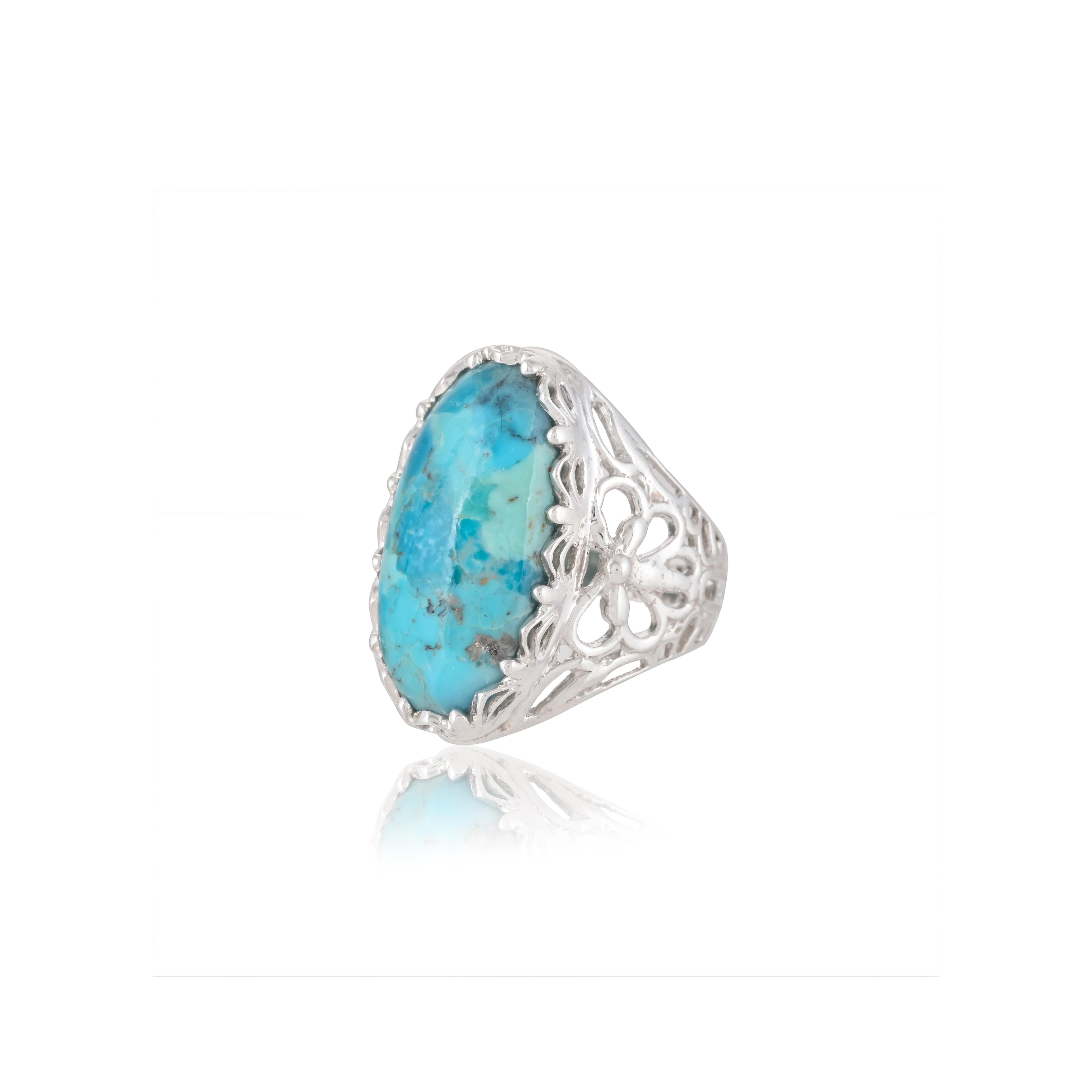 

Turquoise Statement Ring – Floral Filigree 925 Sterling Silver Handmade Vintage Ring – Natural Gemstone Jewelry for Women US 12.5