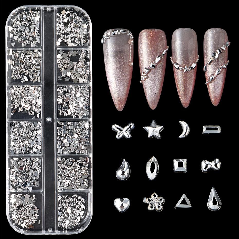 Xiaomi 12 Grids Silvery Rhinestones Nail Charms Butterfly Bow Star Moon Heart Triangle Crystal Gems 3D Nail Art Decorations Accessories