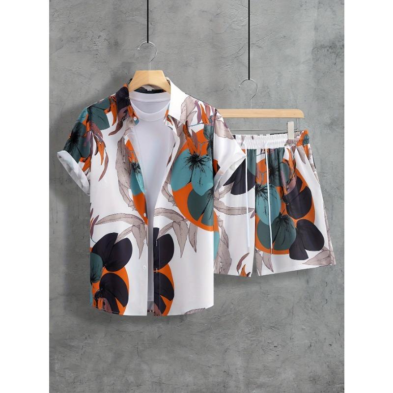 Men's Beige Tropical Leaf Print Shirt and Shorts Set Summer Vacation Wear