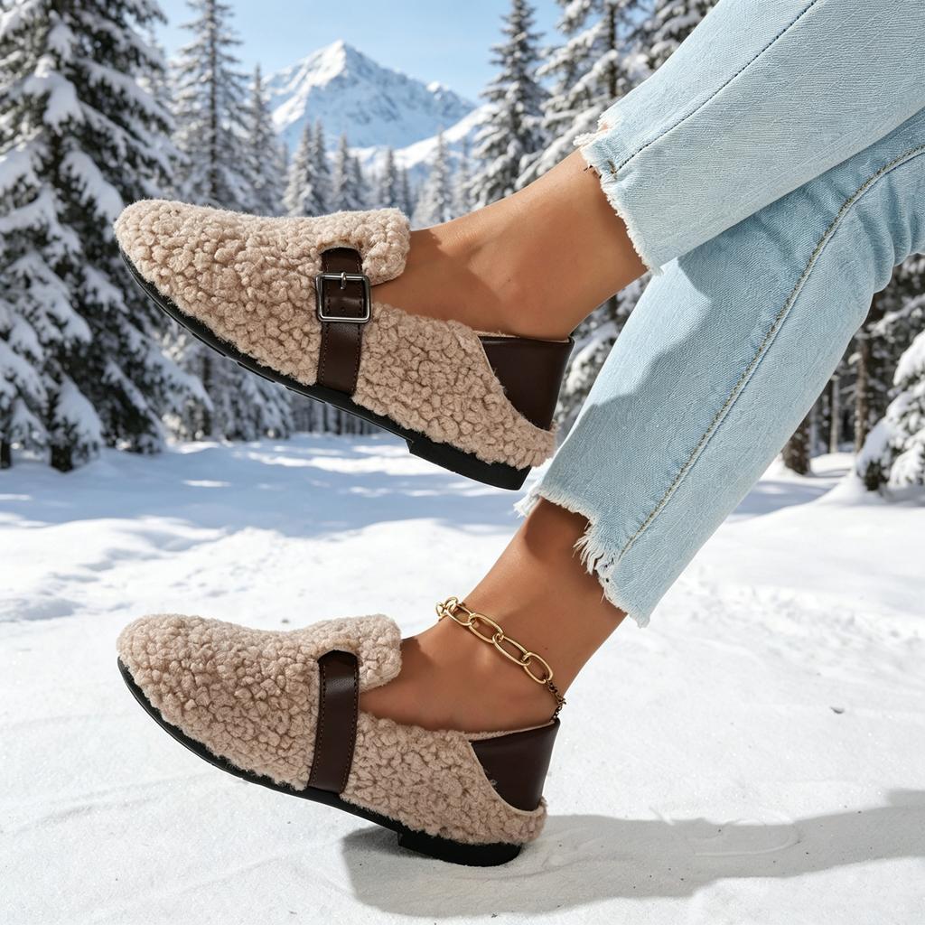 Women Fuzzy Shearling Mules Buckle Strap Fur Lined Slip On Warm Winter Casual Flat Loafers