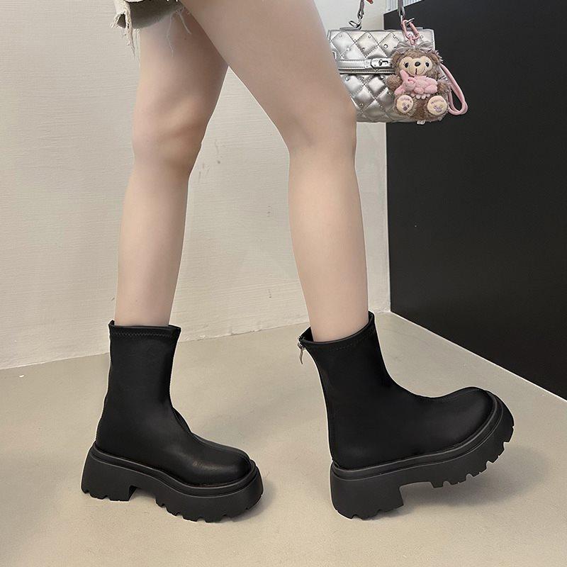 2025 Skinny Autumn Thick-soled Pile Short Boots Women's Martin Boots Skinny Boots Small Versatile Elastic Boots New Boots