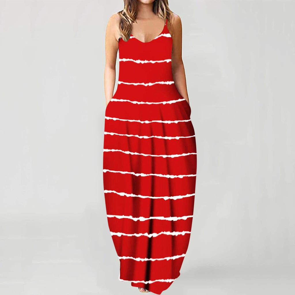 Fashion Women's Loose Casual Summer Striped Print Pocket Sling Sleeveless Dress