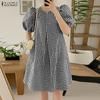 ZANZEA Women Casual Round Neck Short Sleeve Summer Plaid Print Dress