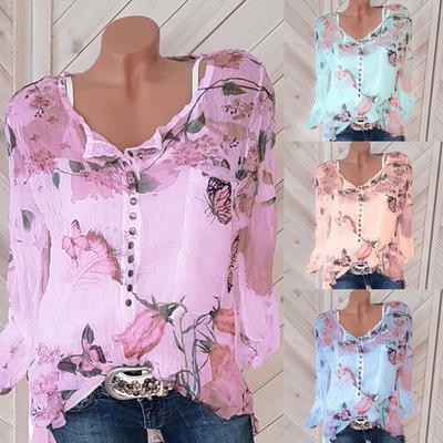 Women Casual Floral Printed Button T-Shirt Chiffon Irregular Hem Top Blouse