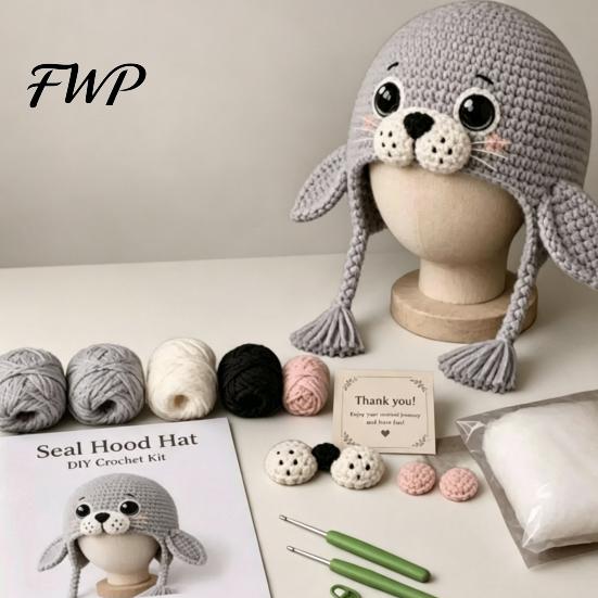 Gift for Craft Lovers Animal Hood Hat Crochet Kit, DIY Earflap Handmade Yarn Crafts Cute Crafting Project Adults Teens, Making Kit