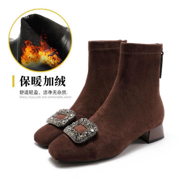Square Head Suede Short Boots Women's 2025 New Autumn and Winter Thick Heel Medium Boots Rhinestone Square Buckle Low Heel Spring and Autumn Single Bo