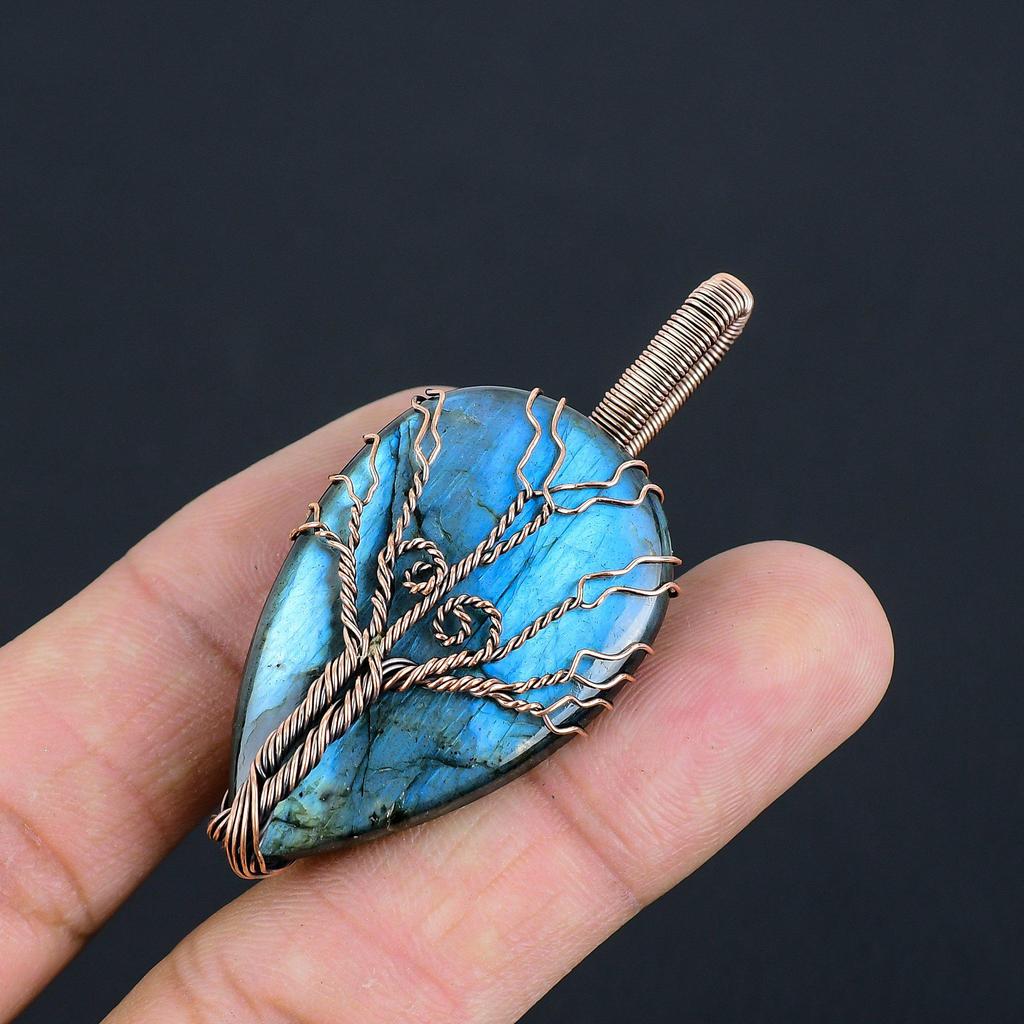 Natural Double Tree of Life Labradorite Gemstone Pendant | Oxidized Copper Wire Wrapped | Necklace Pendant | Copper Jewelry Gift For Her/him