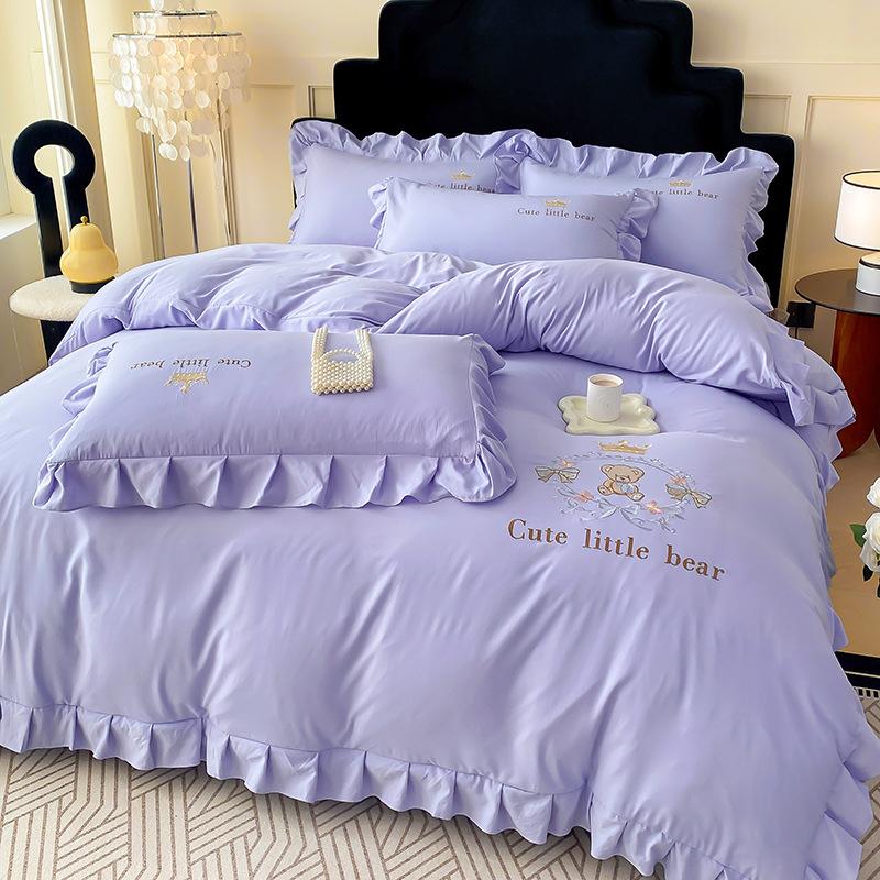 Small Fresh Washed Knitted Pure Cotton Embroidered Four-piece Bedding Set Quilt Cover Bed Sheet Bed Skirt