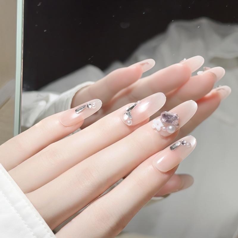 Fairy-Touch Translucent Nude Gradient Press-On Nails with Pink Diamond, Silver Accents, and Small Flowers - Removable & Gentle.