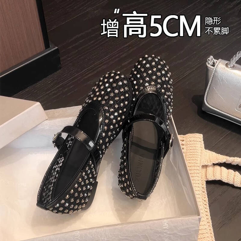 French mesh breathable rhinestone Mary Jane single shoes summer new soft-soled shallow mouth inner height-increasing ballet shoes