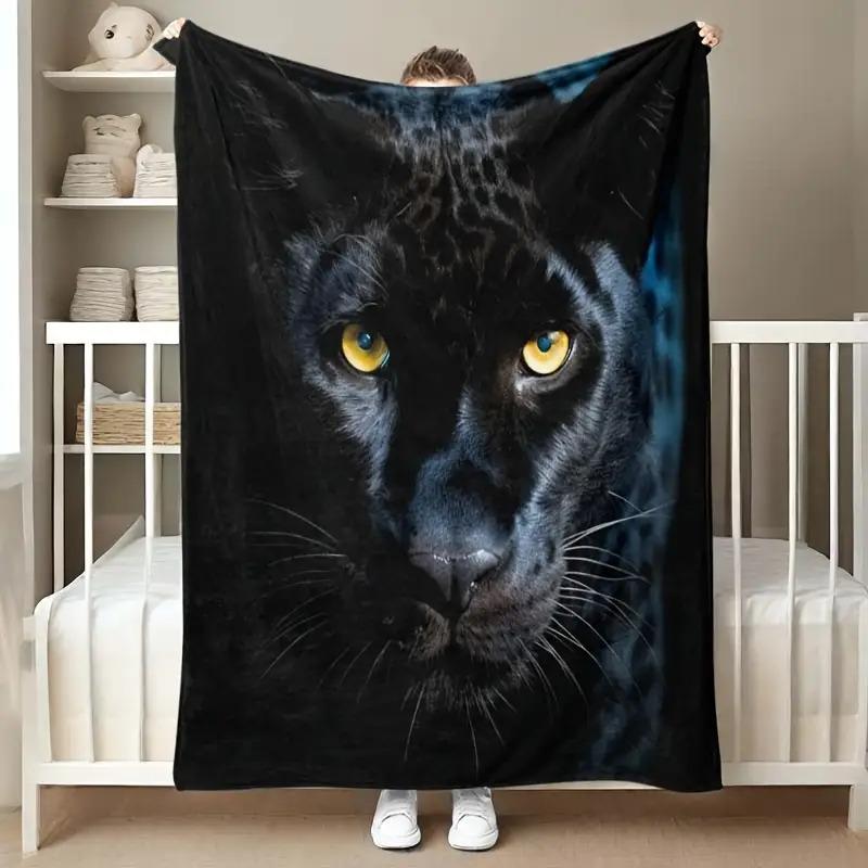 Black panther face and leopard pattern Flannel printed blanket suitable for all seasons for living room office sofa and travel