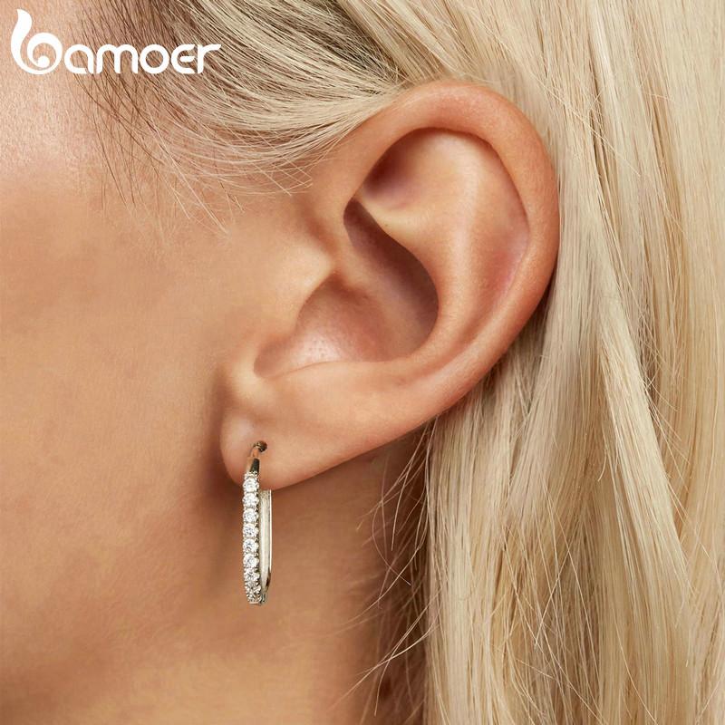BAMOER 925 Ασήμι 925 Ορθογώνια Σκουλαρίκια Κλιπ Κομψά Κρικάκια με Ζιργκόν για Γυναίκες Δώρο Κοσμημάτων Γάμου/Αρραβώνα