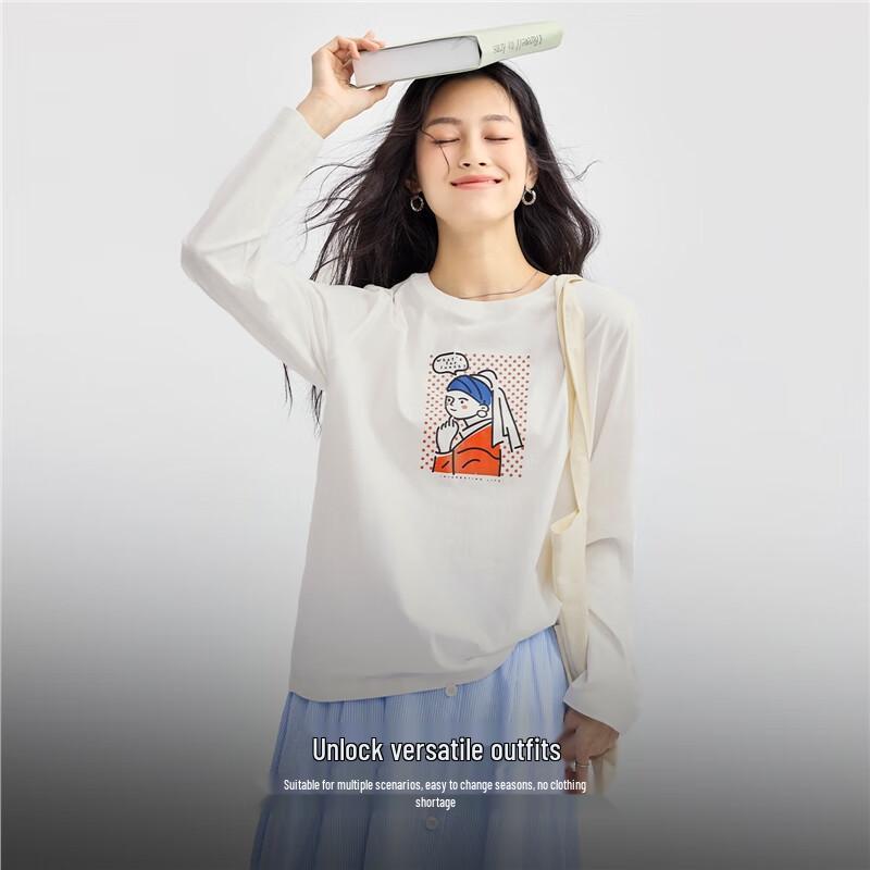 Giordano Women's Retro Oil Painting Print Cotton Long-Sleeve T-Shirt