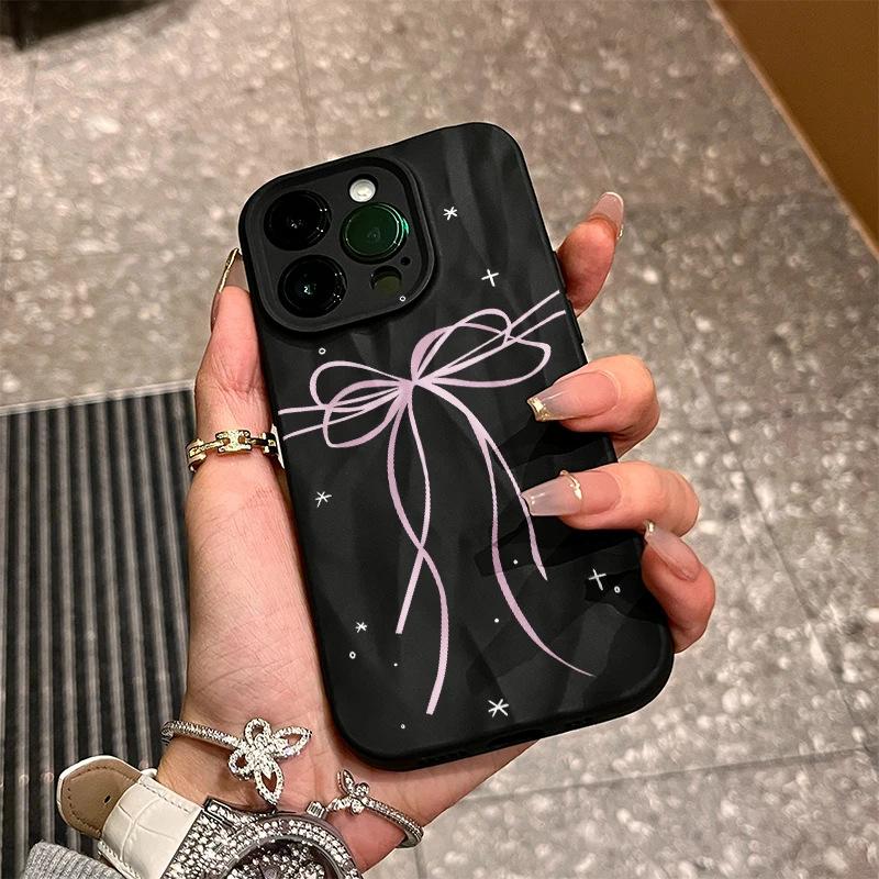 Ins Fan with Bow, Suitable for Apple iPhone16/17Pro Mobile Phone Case 15 Matte 14/13 Fold Pattern