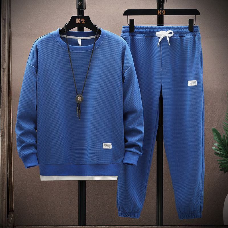 Sommer herre vaffelsett casual t-skjorte og buksesett herre sportsdress 2-pris sett ensfarget treningsdress løse dresser