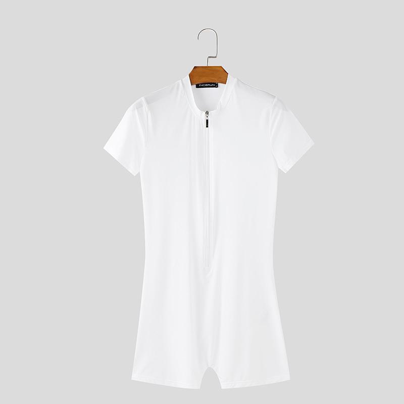 INCERUN Men Short Sleeve Front Zipper Semi-Sheer Jumpsuits Pajamas Sleepwear
